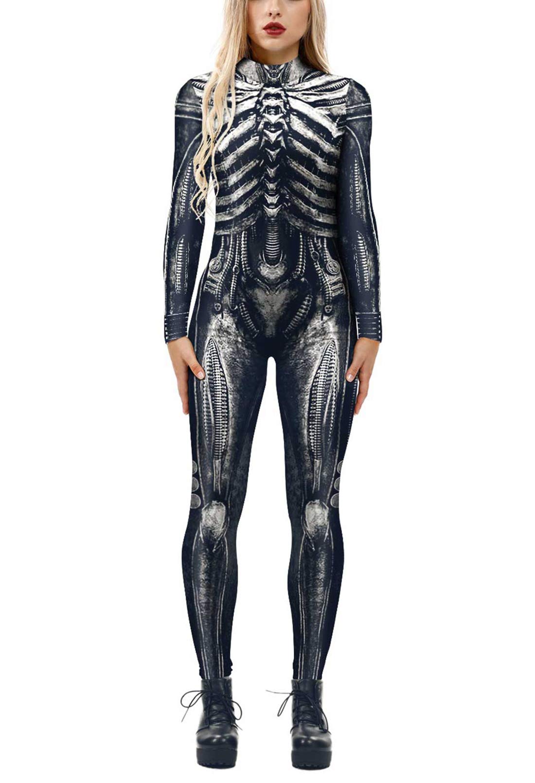 Fixmatti Women Halloween Costume Day of the Dead Suit Skeleton Bodysuit Jumpsuit Dark Grey L