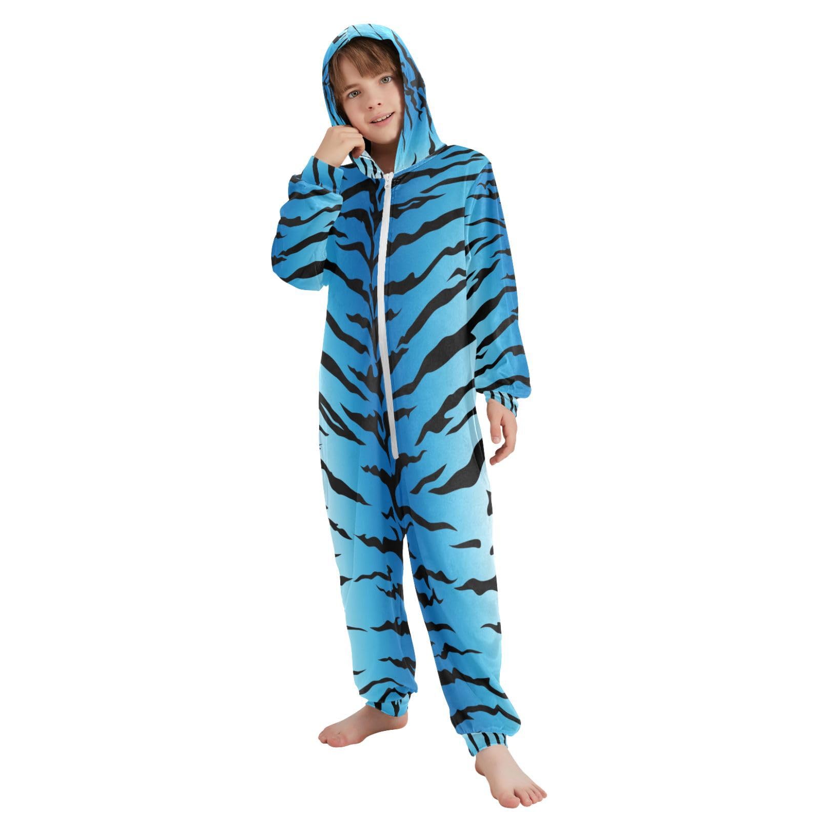 Sletend Unisex Onesie Pajamas Blue Tiger Print One-Piece Costume Hooded Sleepwear Jumpsuit Matching Pjs Homewear 12-13 Years