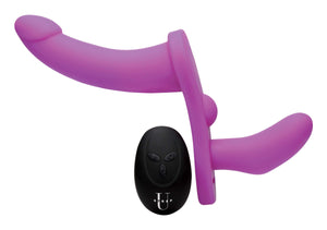 Strap U Double Take 10X Double Penetration Vibrating Strap-On Harness - Purple, Harness Fits Waists Up To 41 Inch Around (Af864-