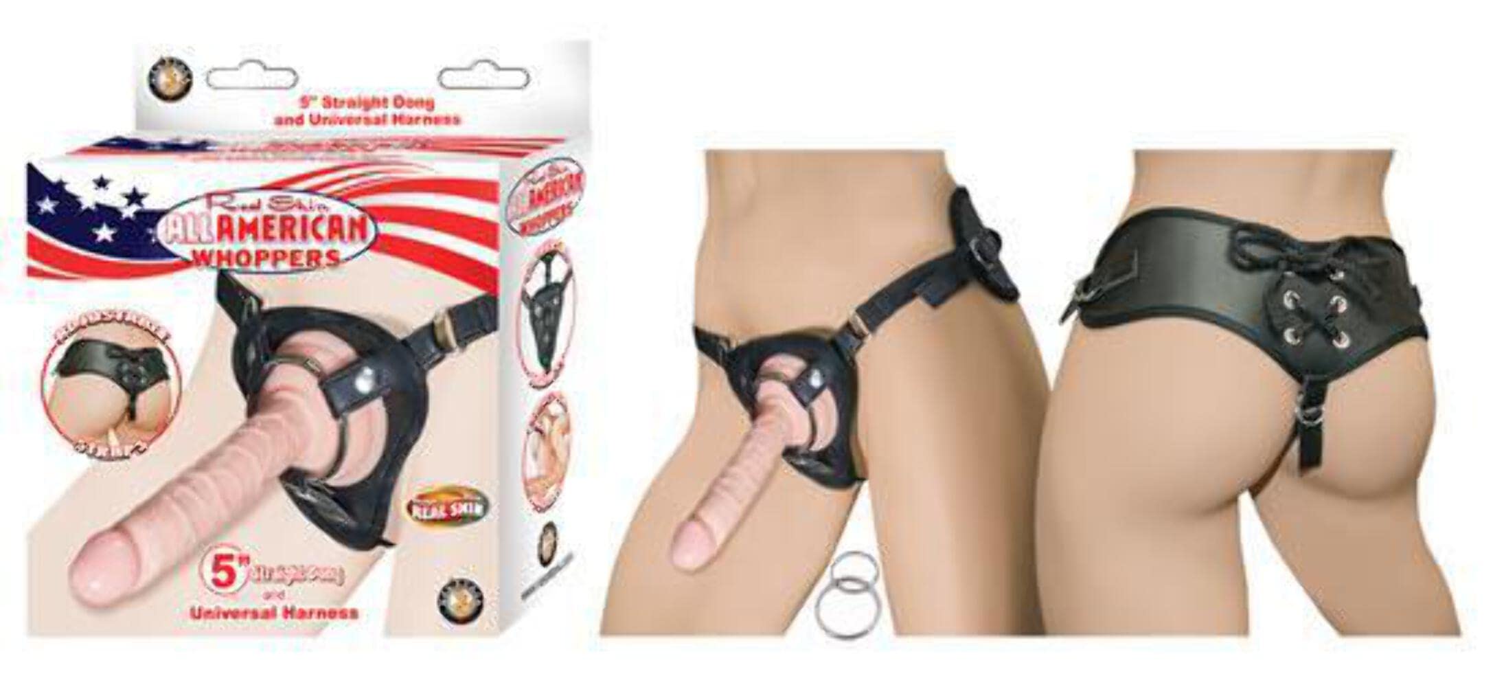 Nasstoys All American Whoppers Straight Dong and Universal Harness, Flesh, 5 Inch