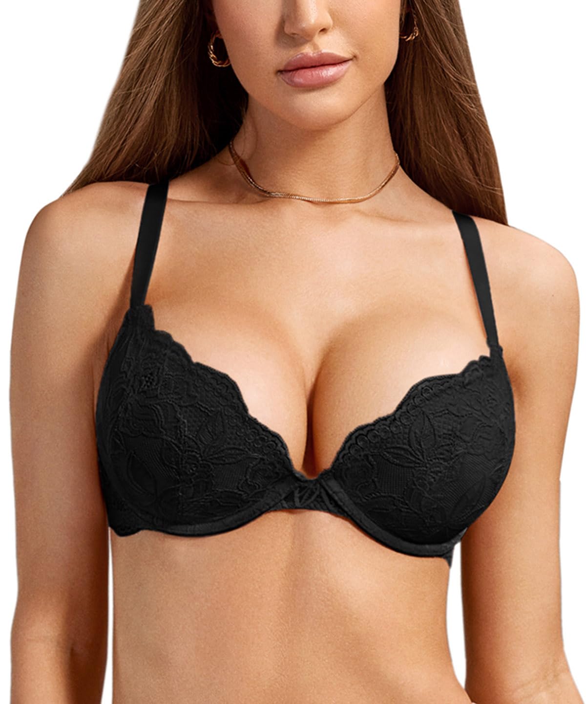 DOBREVA Womens Push Up Lace Bra Underwire Plunge Full Coverage Bras Sexy Plus Size Support Black 38D