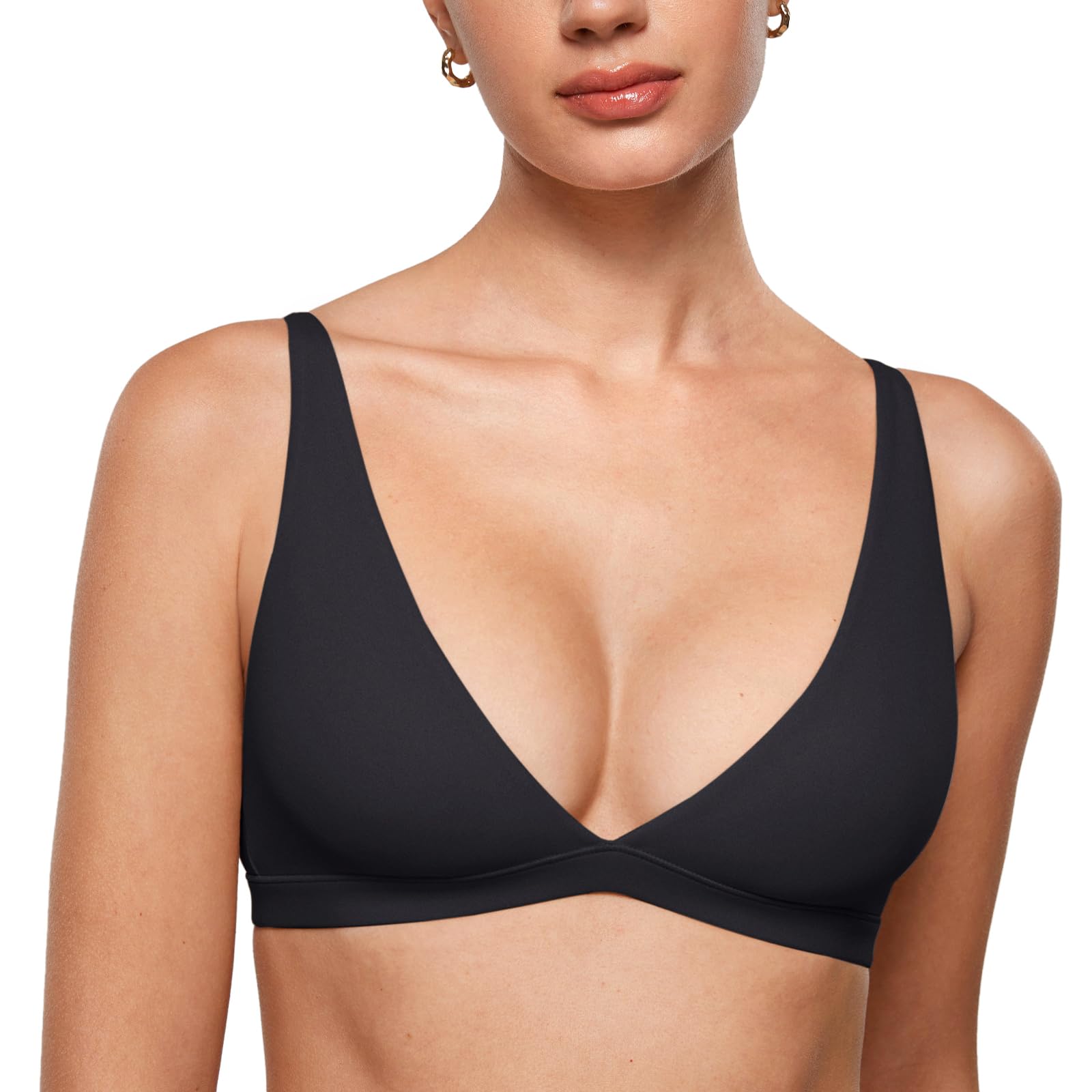 INLYRIC Womens Inbarely Soft Plunge Bralette - Deep V Unlined Triangle No Padding No Underwire Sexy Comfort Sleep Bra Black X-S
