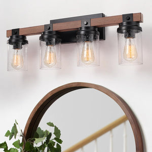 4-Lights Farmhouse Bathroom Vanity Light, Rustic Wood Bathroom Light Fixtures Over Mirror Antique Black Vanity Light With Clear