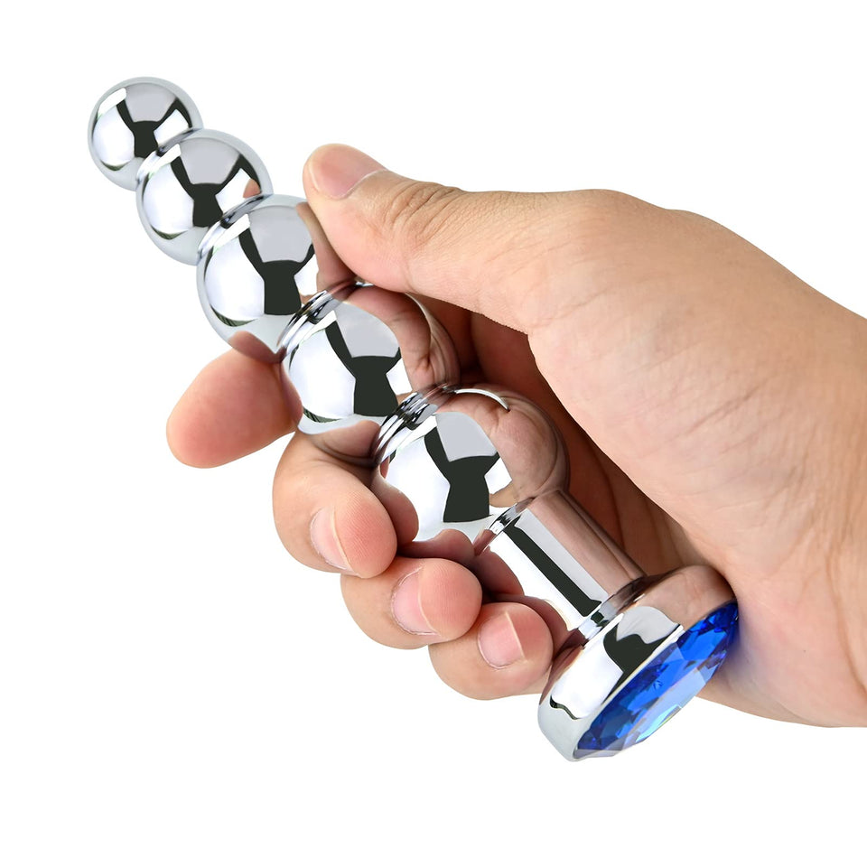 Anal Beads, Blue Jewelry Metal Butt Plug Anal Trainer with 5 Graduated Balls Fetish Kinky Sex Toys Love Tools for Couple Lover