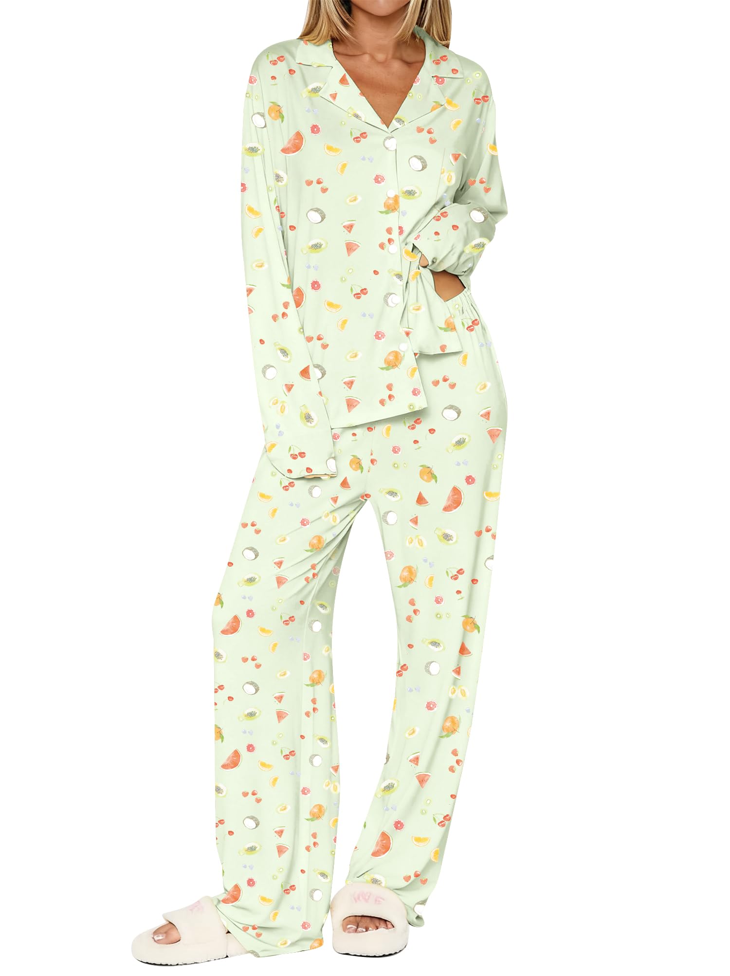 Dressmine Womens Two Piece Pajamas Set Fruit Print Long Sleeve Winter Lounge Sets Trendy Cute Matching Pj Set Green S