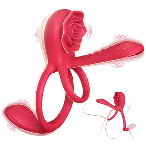 Vibrating Cock Ring Penis Sleeve with Rose Clitoral Stimulator, Penis Ring Vibrator Couples Adult Sex Toys for Men Women, Penis