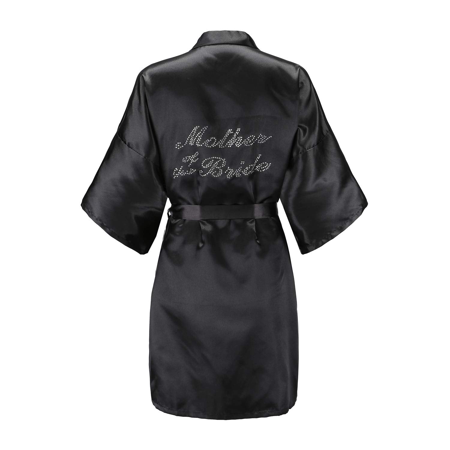 EPLAZA Womens One Size Silver Rhinestones Bride Bridesmaid Short Satin Robes Wedding Party Getting Ready (Black, Mother The Bri