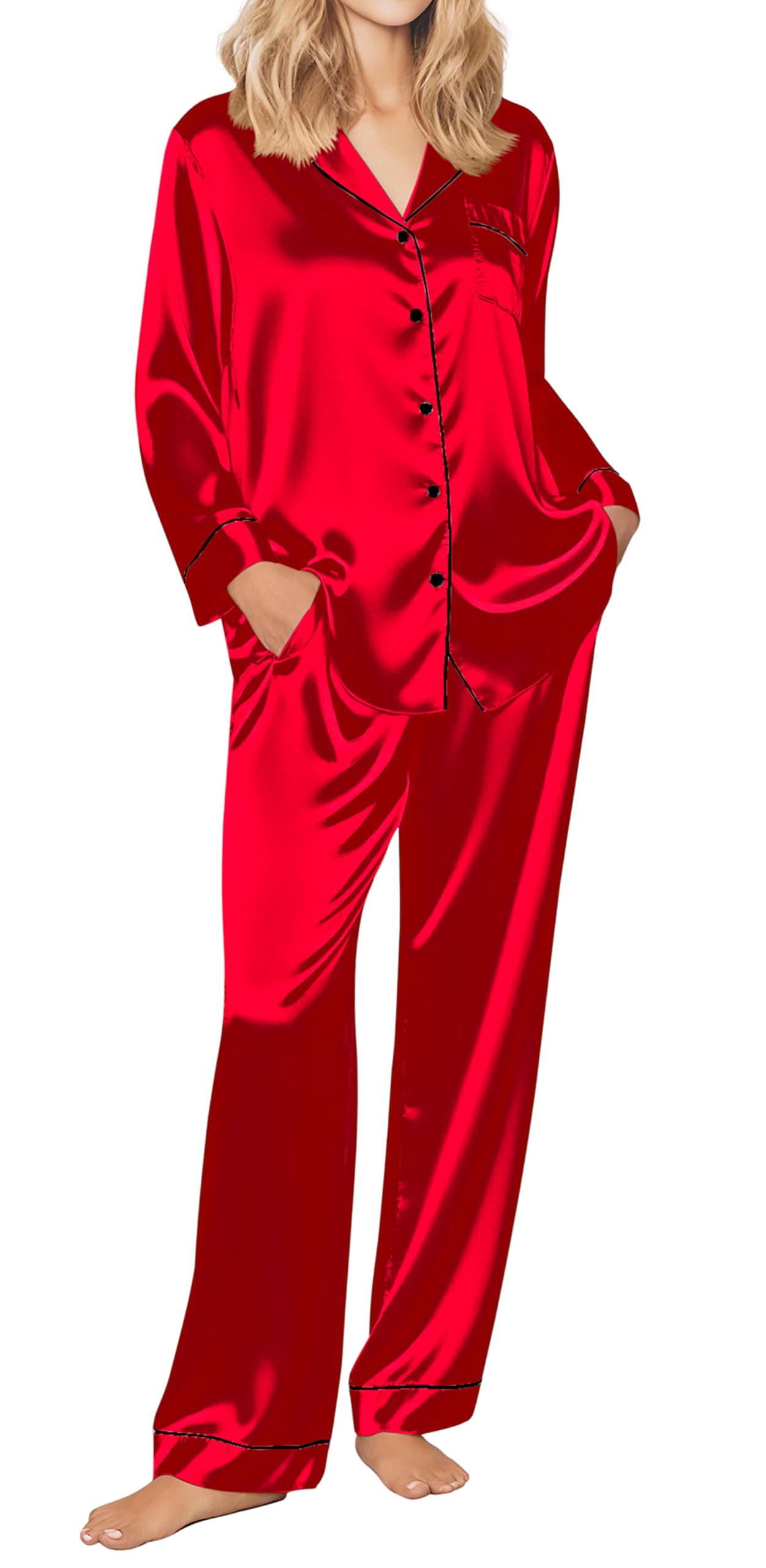 Ekouaer Christmas Pajamas for Women Silk Satin Holiday Button Down Pj Set Soft Long Sleeve Sleepwear (Red,L)