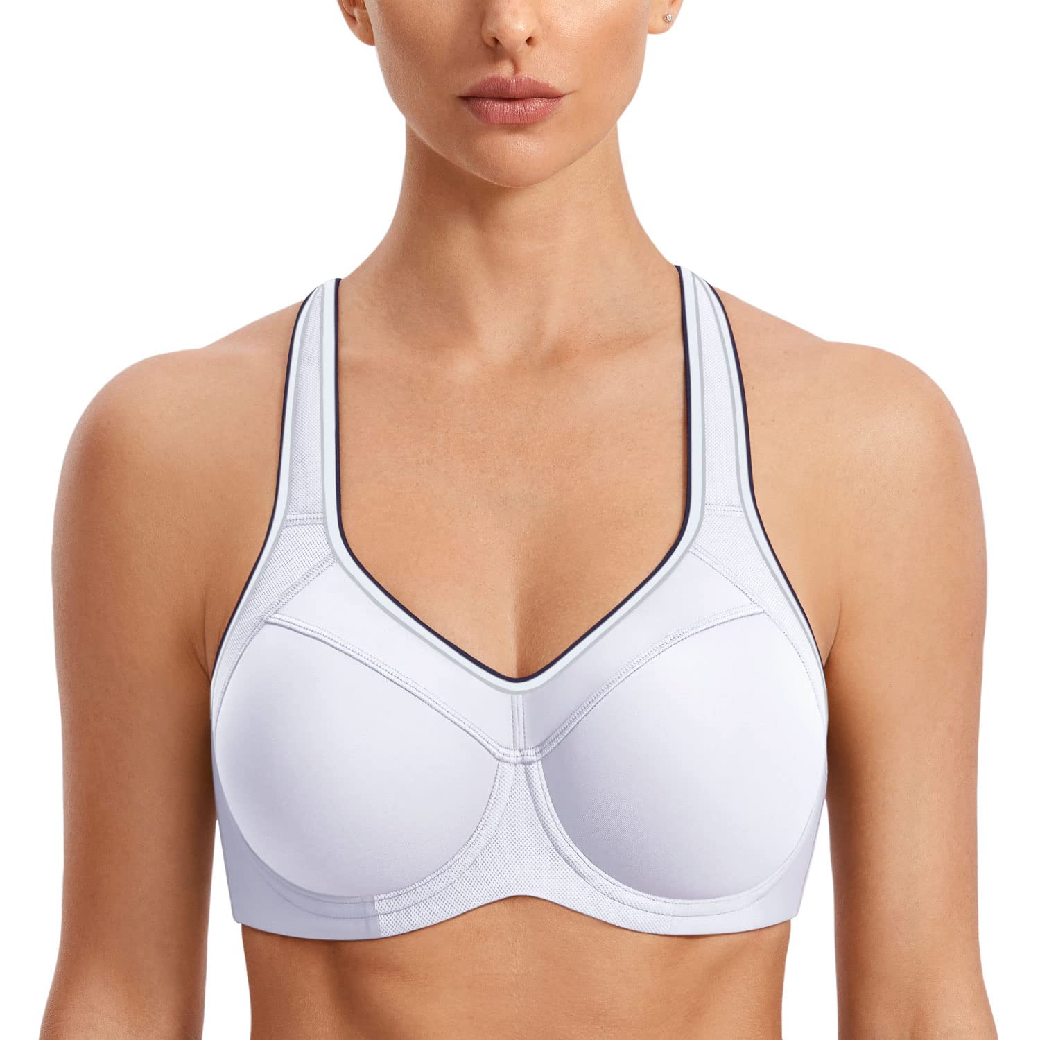 SYROKAN Womens Full Support High Impact Racerback Lightly Lined Underwire Sports Bra White 42D