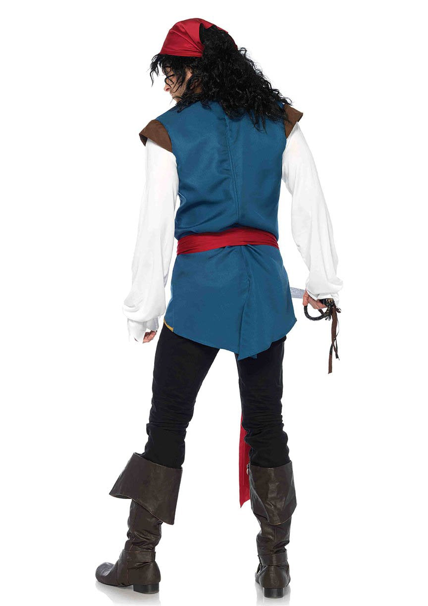 Men'S 3 Pc Pirate Scoundrel Costume, Includes Gold Trimmed Lace Up Shirt/Vest Combo, Waist Sash, And Head Scarf