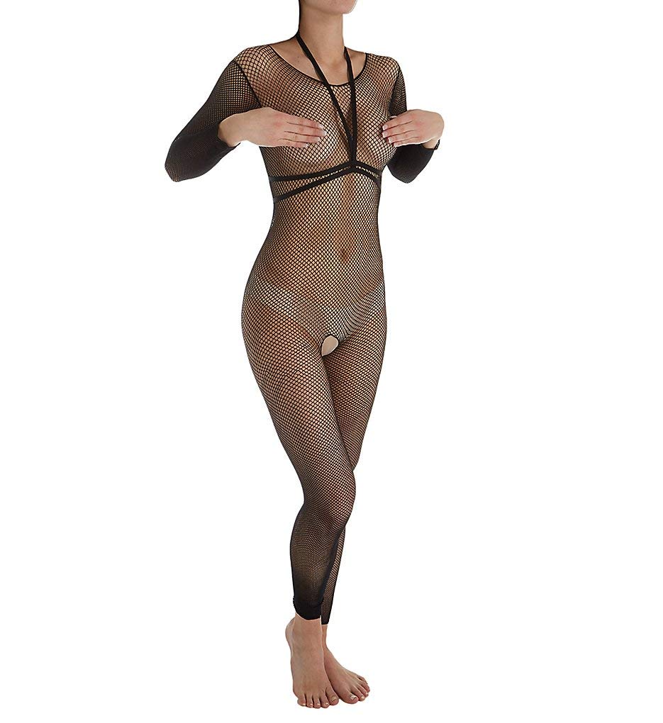 Rene Rofe Womens Sexy choker Harness Open crotch Fishnet Bodystocking Lingerie SmallMedium Black