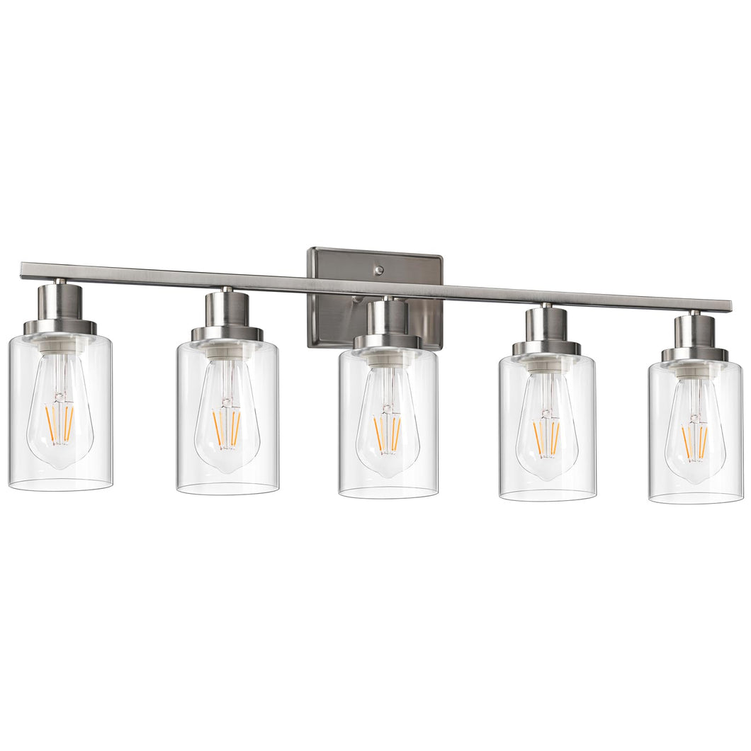 Ascher 5 Light Bathroom Vanity Light, Modern Over Mirror Light Fixtures With Clear Glass Shade, E26 Base Brushed Nickel Wall Sco