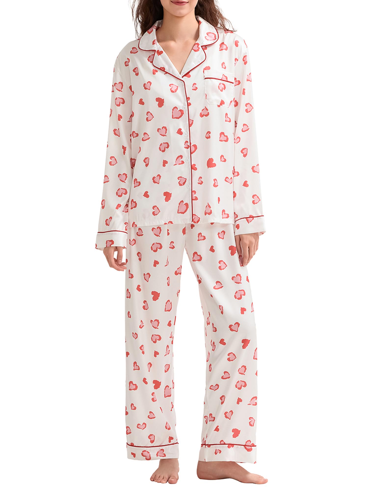 Kiluex Womens 2 Piece Pajamas Sets Long Sleeve Button Up Heart Graphic Tops Pants Matching Valentines Pjs Sleepwear (B-Orange, 