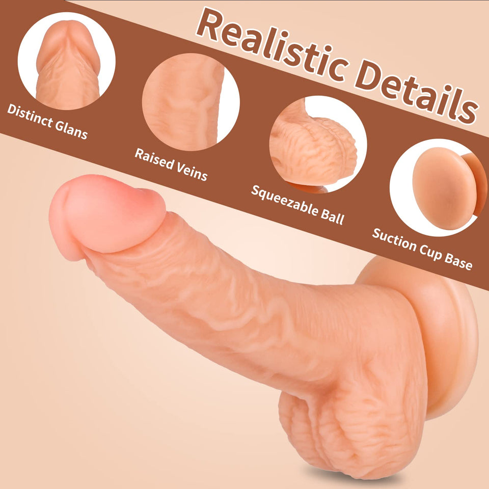 Realistic Dildos, XINBALE 7.3 Inch Dildo with Suction Cup for Hands-Free, Flexible Cock with Curved Shaft and Balls for Vaginal
