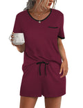Ekouaer Pajama Set for Women 2 Piece Lounge Set Short Sleeve Tops and Shorts Soft Sleepwear, Chest Pocket Dark Red