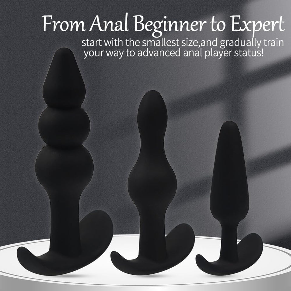 Anal Beads Plugs Kit 3 Pack, Silicone Butt Plug Training Set from Beginner to Advanced Player for Comfortable Long-Term Wear, An