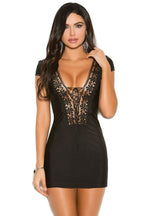 Elegant Moments Boho Short Sleeve Mini Dress With Lace Up Front Medium Black