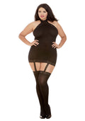 Dreamgirl Womens Plus Size Sexy Fashion Lingerie, Semi-Sheer Halter Garter Dress with Thigh High Stockings, Black, One Size