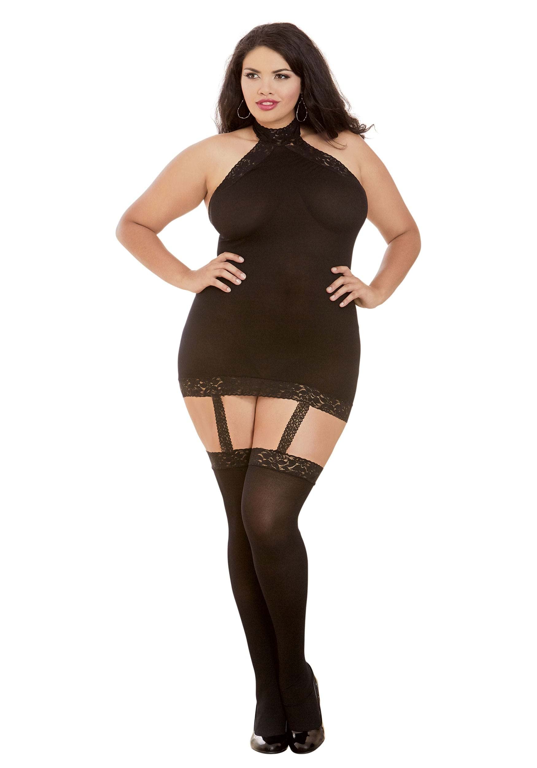 Dreamgirl Womens Plus Size Sexy Fashion Lingerie, Semi-Sheer Halter Garter Dress with Thigh High Stockings, Black, One Size