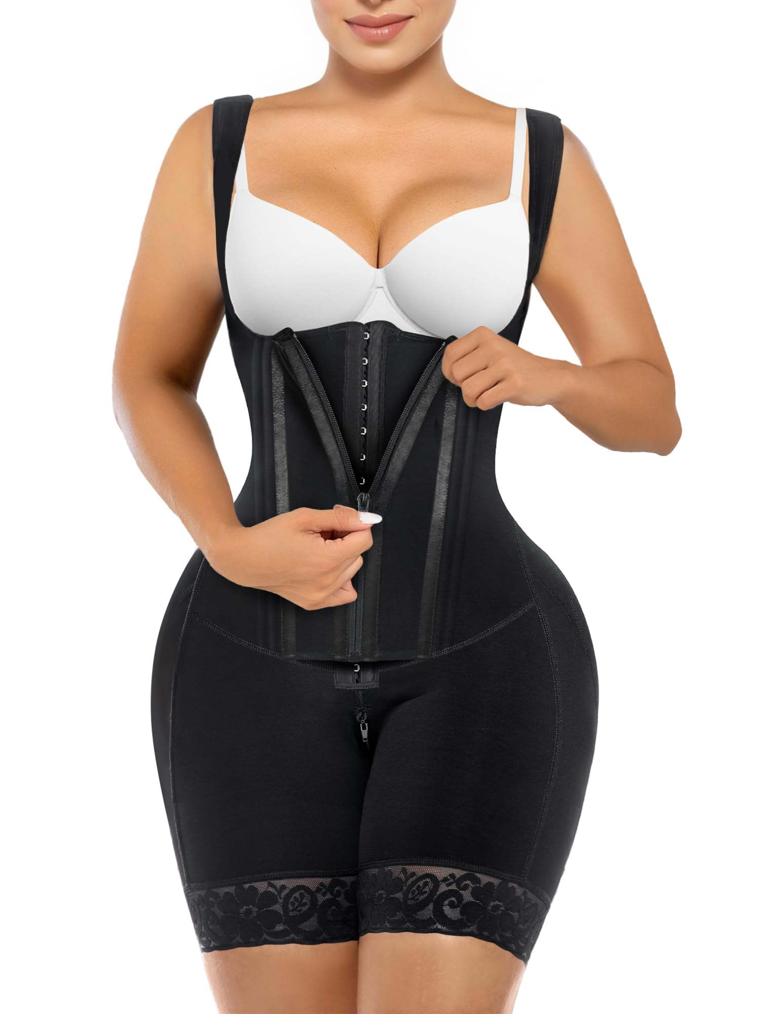 SHAPERX Fajas Colombianas Shapewear for Women Tummy Control Body Shaper Postpartum Butt Lifter with Zipper and Hooks,SZ7307-Blac