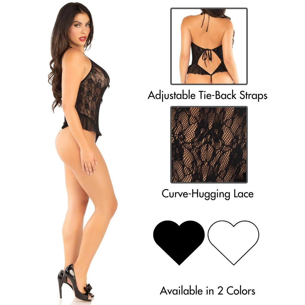 Floral Lace Halter Teddy with Mini Bow Detail and Flutter Accent