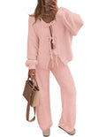 ZESICA Womens 2 Piece Outfits Lounge Pajama Sets 2026 Fall Long Sleeve Cardigans Wide Leg Pants Matching Winter Clothes,Pink,La