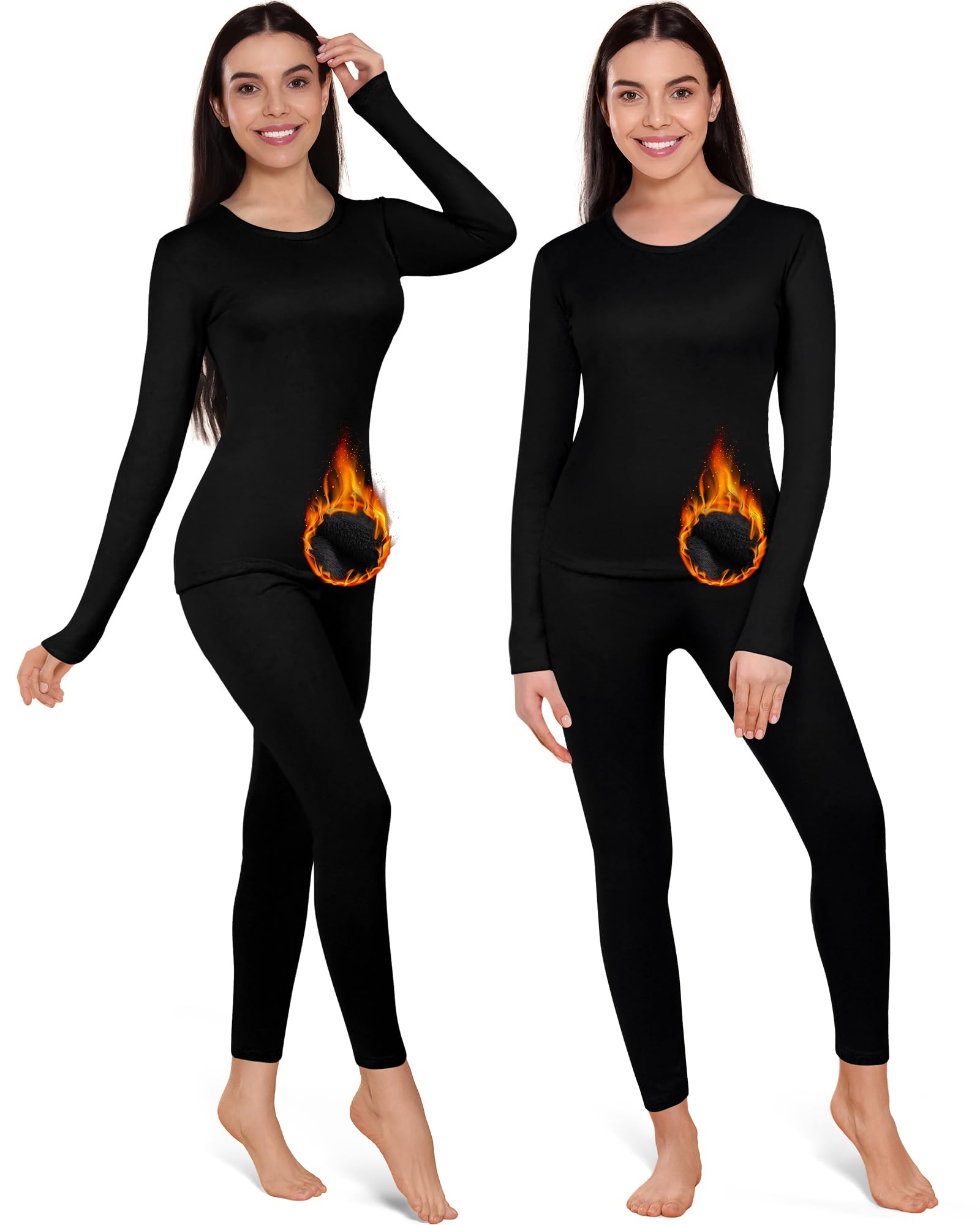 Patelai 2 Set Thermal Underwear Warm Fleece Lined Leggings and Womens Thermal Tops Base Layer(Simple Style,Black,Large)