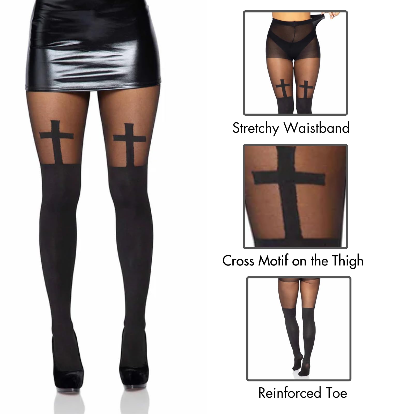 Spandex Opaque Cross Pantyhose With Sheer Thigh Accent O/S Black