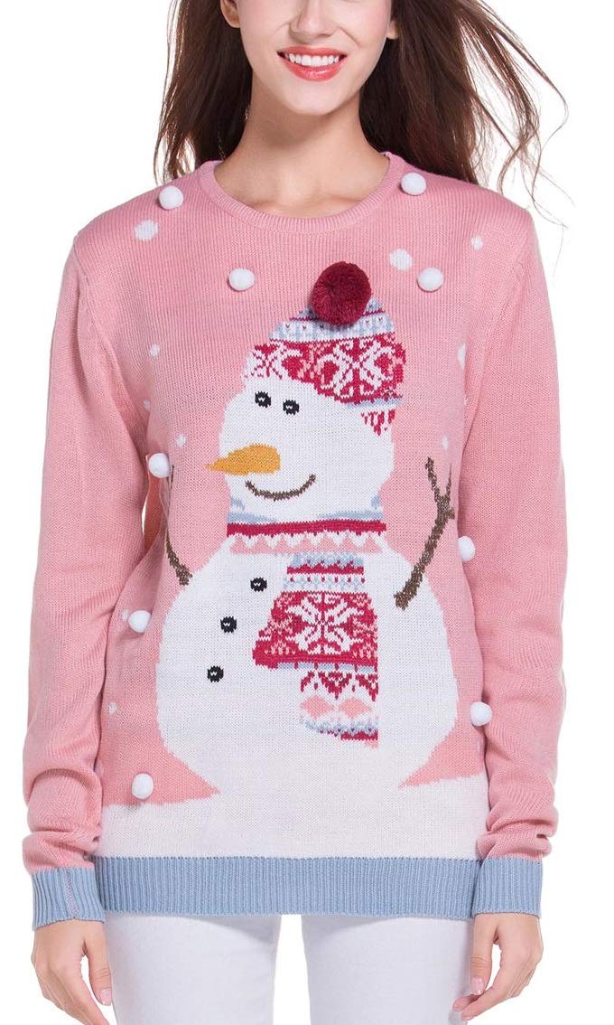 Womens Ugly Christmas Sweater Pom Pom Snowman Snowflakes Pullover Party Costume (Medium, 3D Hat)