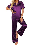 Ekouaer Silk Pajamas for Womens Set 2 Piece Satin Pjs Soft Button Down Sleepwear Wide Leg Long Pants with Pockets Purple