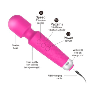 Female Vibrator, G-Spot & Sex Toy, 20 Modes & 8 Speeds Wand Massager, Quiet, Waterproof, USB Rechargeable Vibrator, Hand-Held Co
