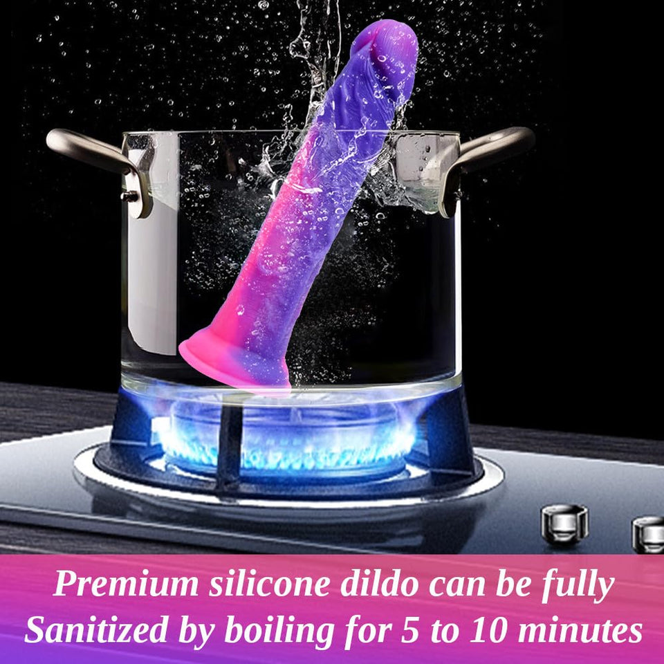 7 Inch Silicone Realistic Soft Beginner Slim Dildo for Women Men Lesbians, Funny Small Cute Purple Pink Anal Dildo Strong Suctio