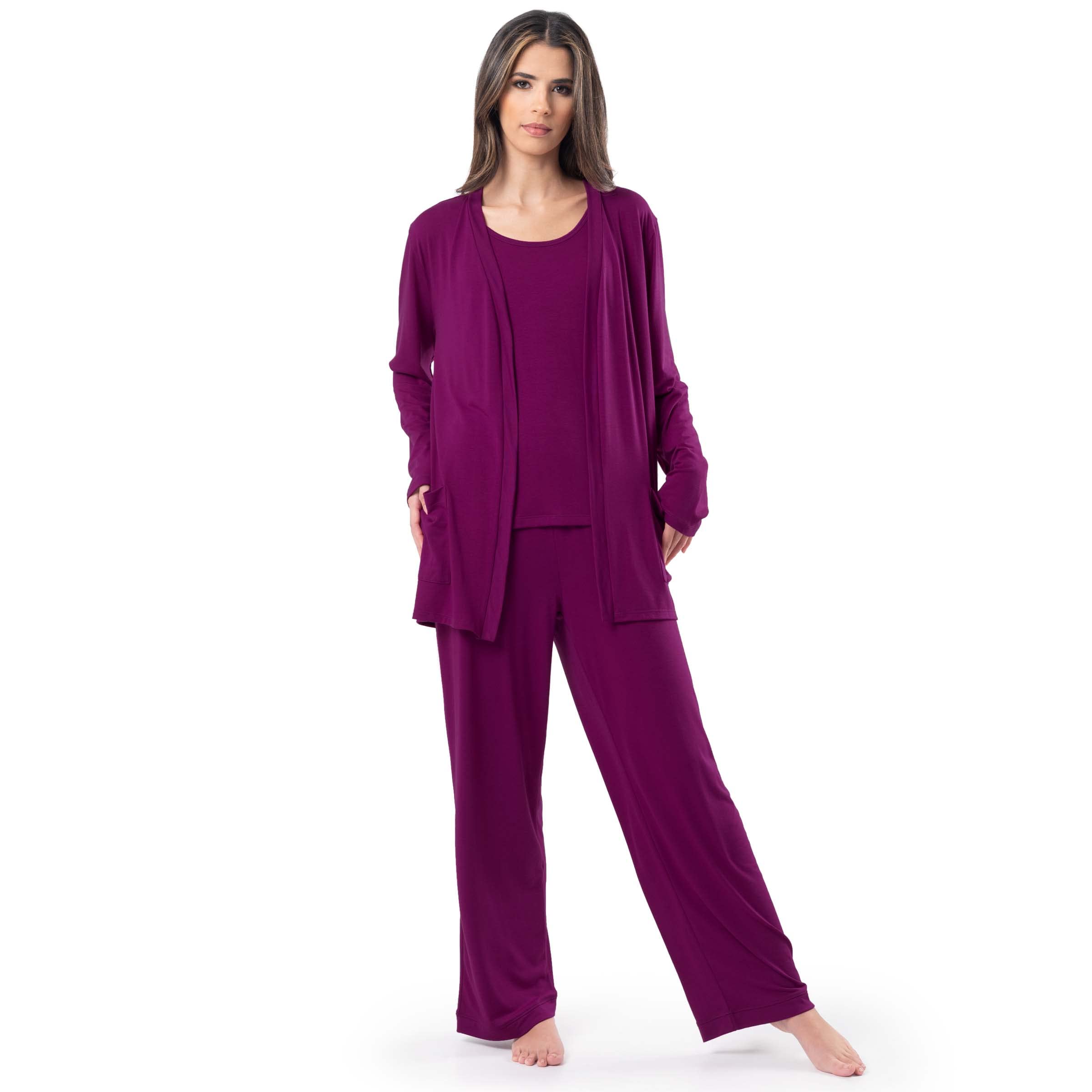 Fruit of the Loom Womens Breathable Tank Top, Pant, and Cardigan Sleep Set, Boysenberry, Large