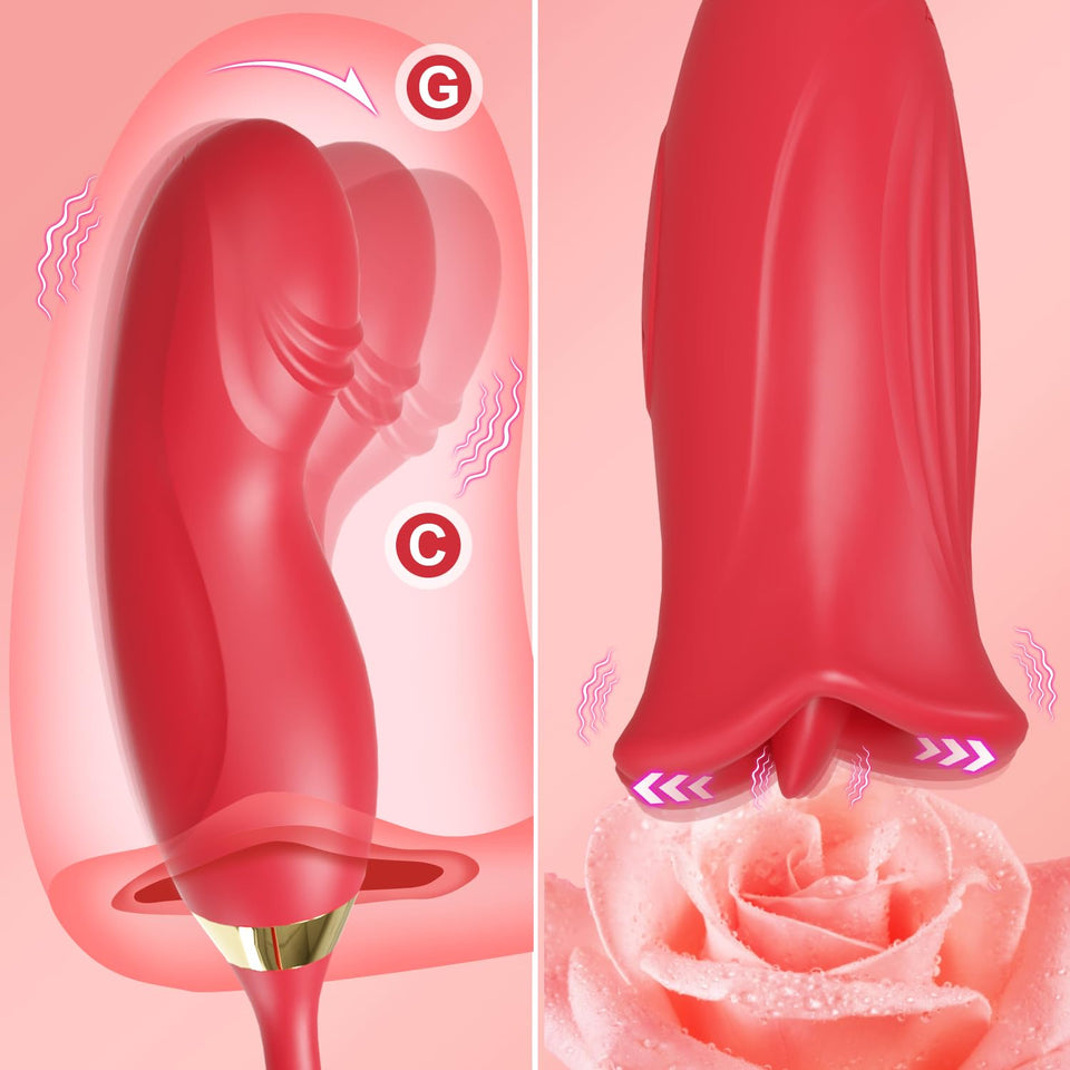 Vibrator Dildo Rose Sex Toy - 4 in 1 Tongue Toy for Women Clitoral Vibrator with 10 Tongue Licking & 10 Finger Vibrators Nipple