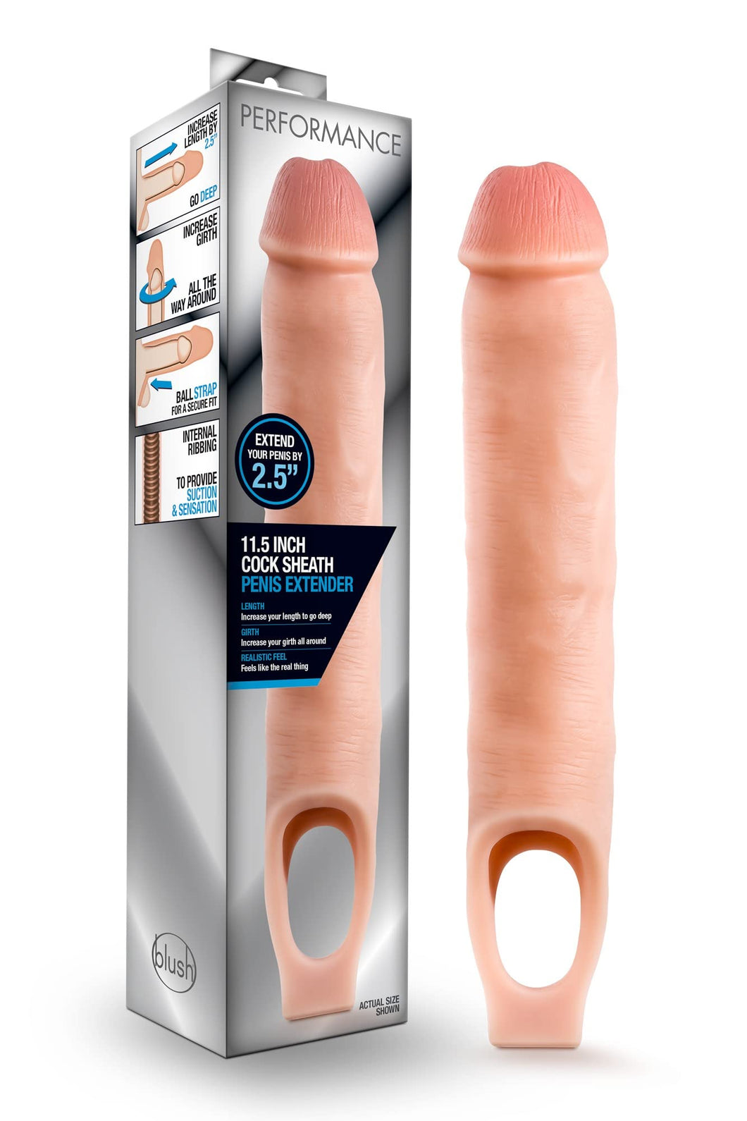 Blush Novelties, Performance - Ultra Soft X5 Plus Penis Sheath Extender - Extend Your Penis 2'' - Thicken Up to 2.5''- Ribbed Co