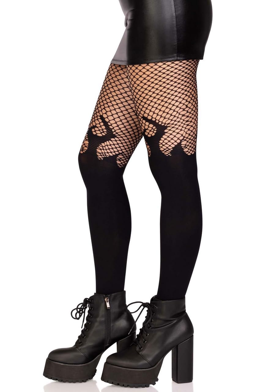 Opaque flame tights with fishnet top.
