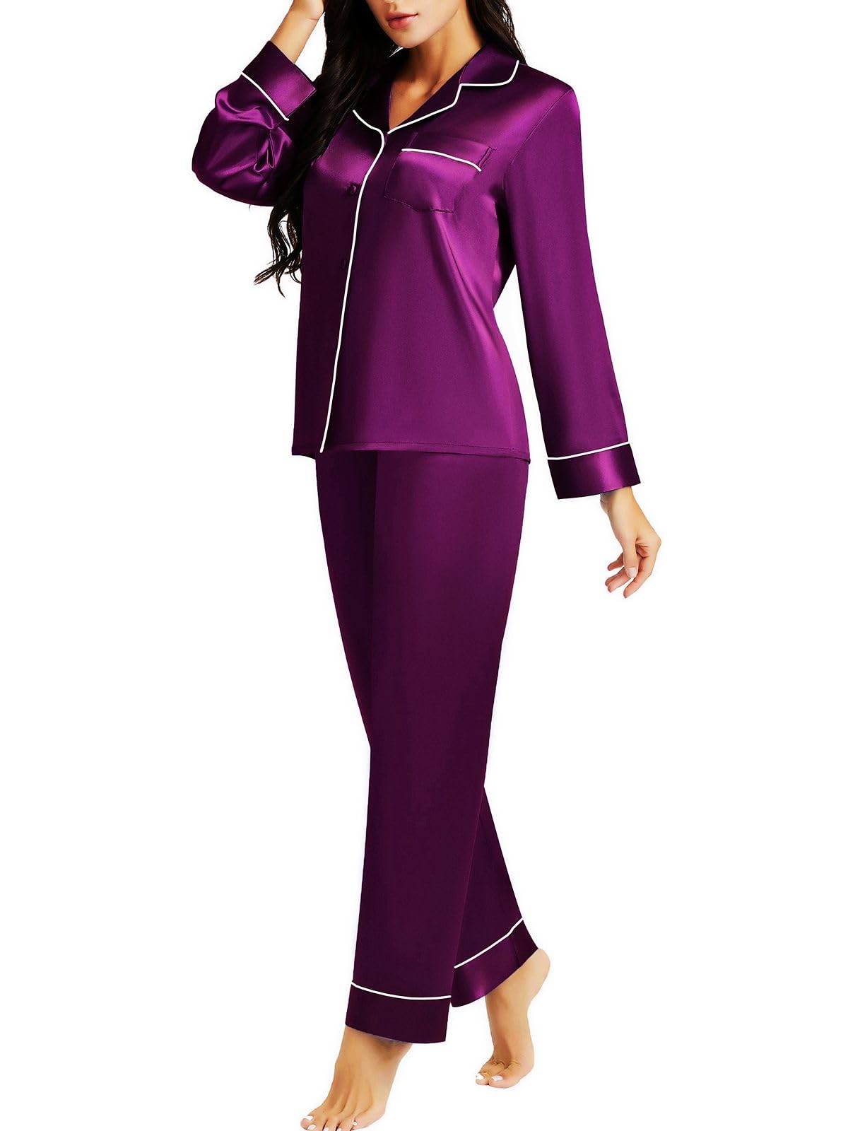 Lonxu Womens Silk Satin Pajamas Set Purple L