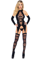 3Pc.Opaque Sheer Faux Lace Up Cami Garter, Stockings,Gloves O/S Black