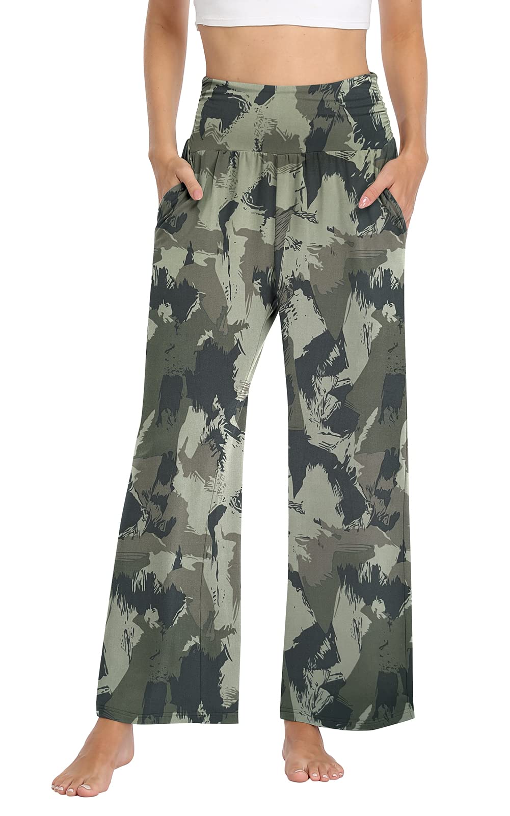 TARSE Womens Yoga Pants Wide Leg Summer Lightweight Loose Fit Lounge Pajama Flowy Pants Pockets Casual Sweatpants (Camouflage,L)