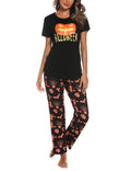 EISHOPEER Women s Halloween Pajama Set Printed Short Sleeve Top & Long Pants Sleepwear Pjs Sets Black M