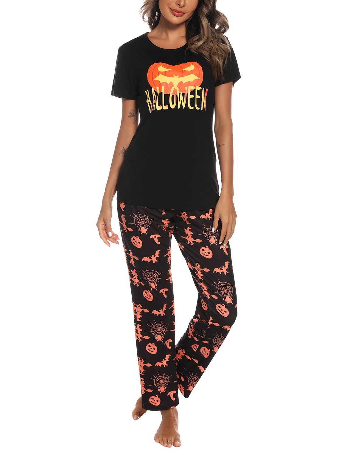 EISHOPEER Women s Halloween Pajama Set Printed Short Sleeve Top & Long Pants Sleepwear Pjs Sets Black M