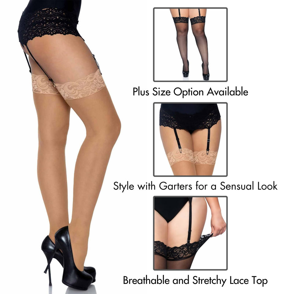 Plus Size Nylon Sheer Lace Top Stockings