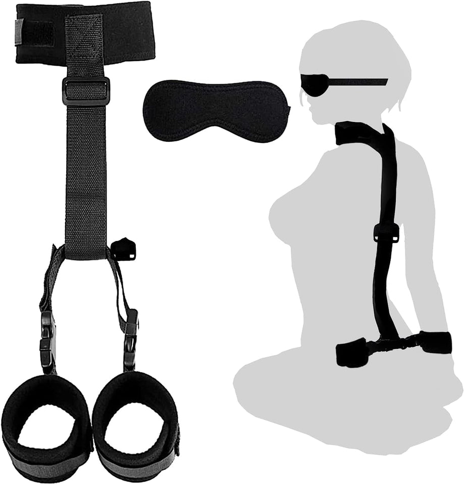 BDSM Neck to Wrist Restraints Bondage Set - Behind Back Handcuffs Collar with Blindfold Adjustable Bondage Set Bed SM Games Play