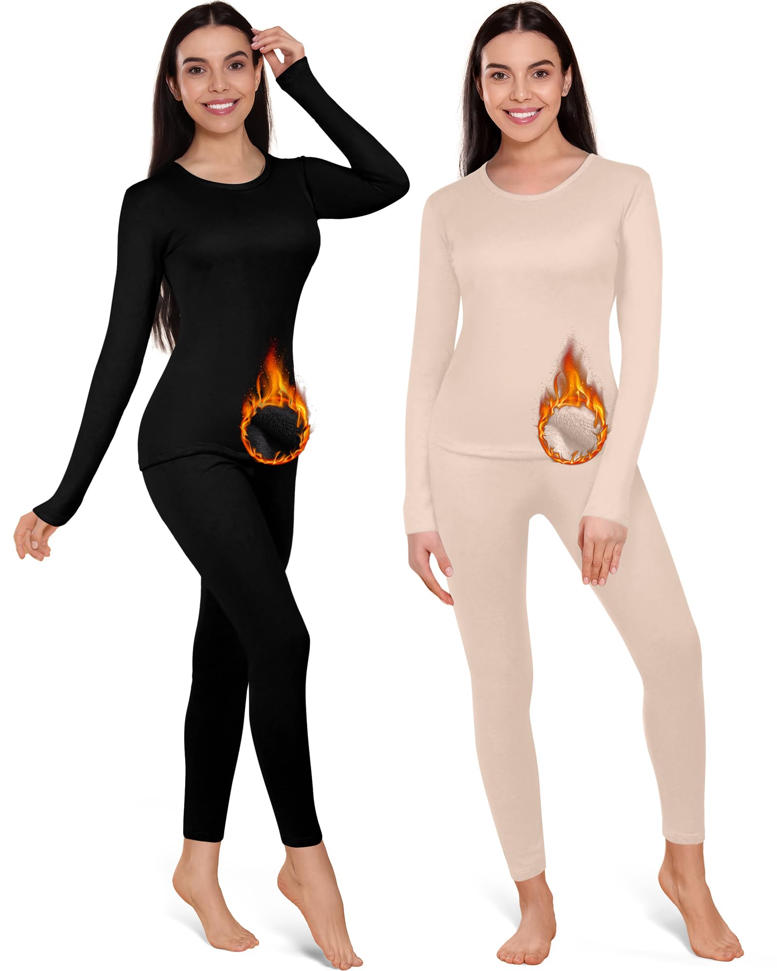 Patelai 2 Set Thermal Underwear Warm Fleece Lined Leggings and Womens Thermal Tops Base Layer(Simple Style,Black, Nude,Small)