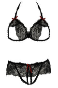 Rene Rofe Womens 2 Piece Lace Peek A Boo Bra and Crotchless Panty Set, Black, Small/Medium