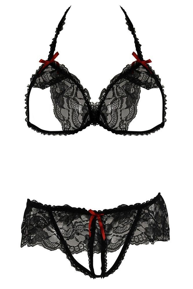 Rene Rofe Womens 2 Piece Lace Peek A Boo Bra and Crotchless Panty Set, Black, Small/Medium