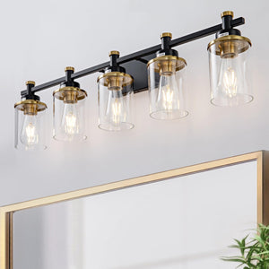 Aixialin 5-Lights Bathroom Light Fixtures, Gold And Black Bathroom Vanity Light Over Mirror, Brushed Gold Bathroom Light Fixture