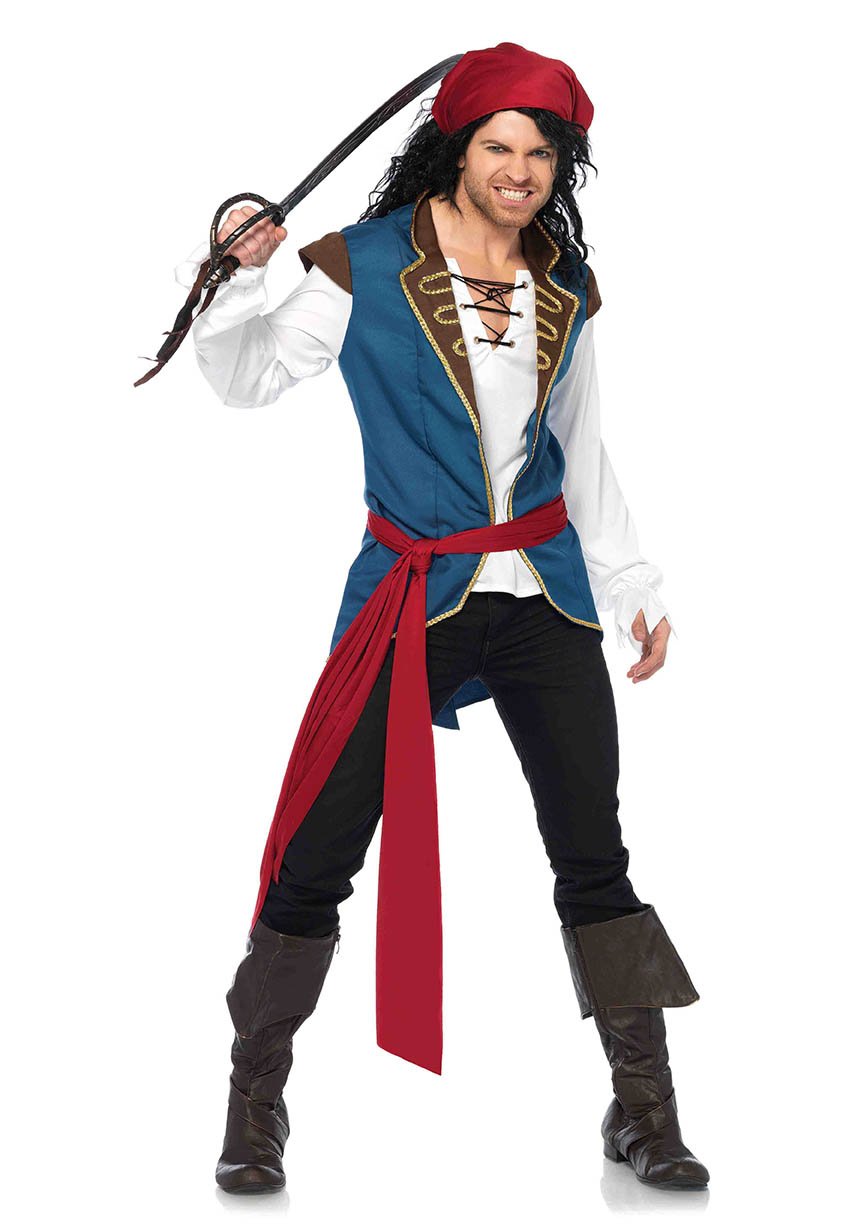 Men'S 3 Pc Pirate Scoundrel Costume, Includes Gold Trimmed Lace Up Shirt/Vest Combo, Waist Sash, And Head Scarf