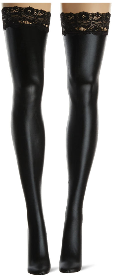 Coquette Women'S Wet Look Thigh High Stay Up Stockings With Lace, Black, One Size