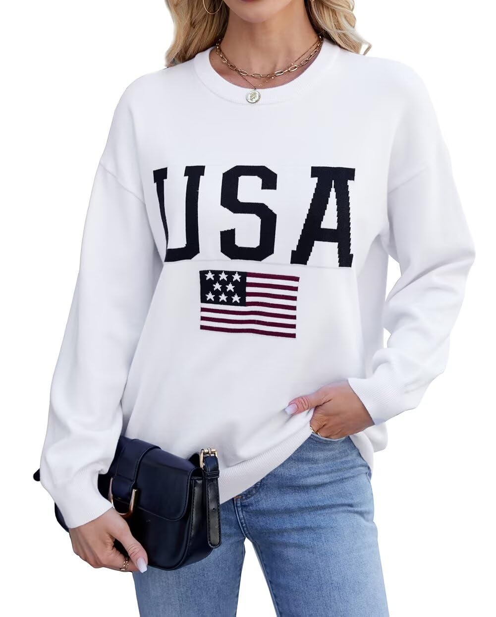 Dressmine Womens Pullover Sweaters USA Costume Thick Sturdy American Flags Tops Relaxed Fit Fashion 2025 Top White Medium